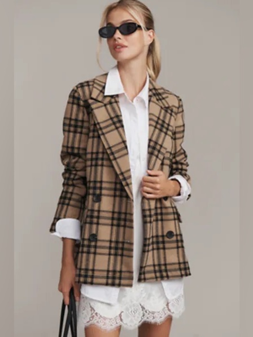 Avec Les Filles Double Breasted Knit Plaid Blazer